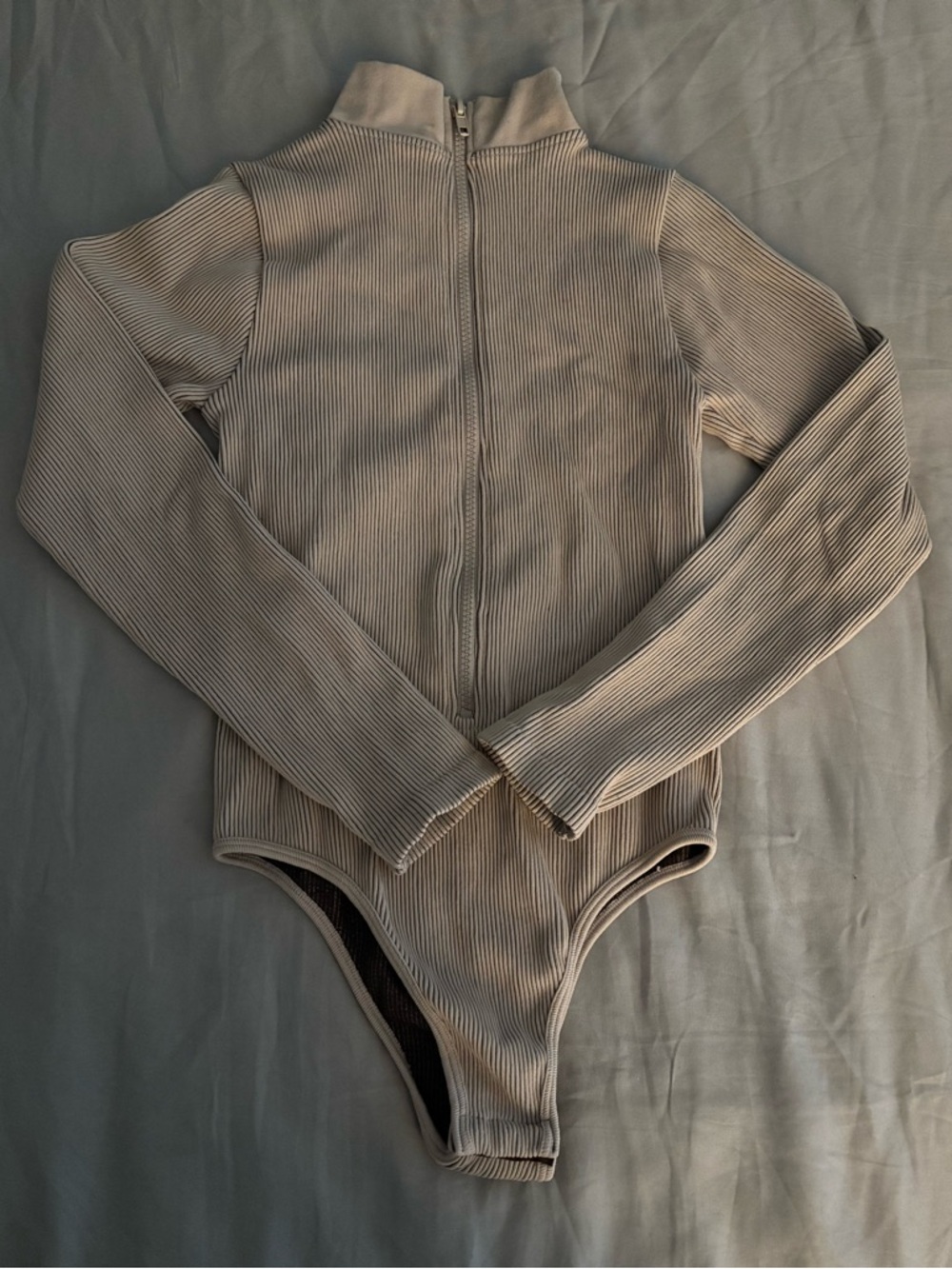 Beige Ribbed Zip-Front Bodysuit - Picture 3 of 3